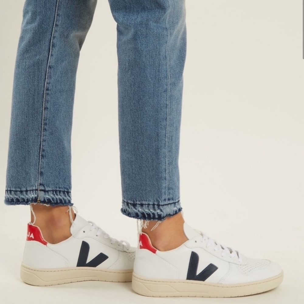 Veja White Sneakers with Navy V and Red Heel